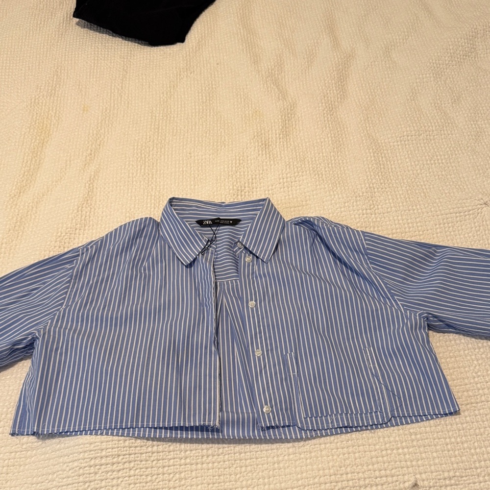 Zara Blue and White Striped Cropped Blouse